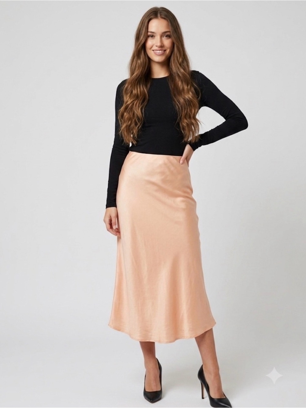 148. Zara Peach Satin Maxi Skirt